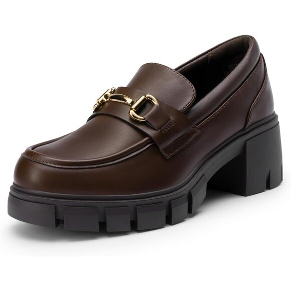 Dream Pairs Women Brown Platform Chunky Heeled Slip On Loafers with Horsebit - Picture 1 of 8